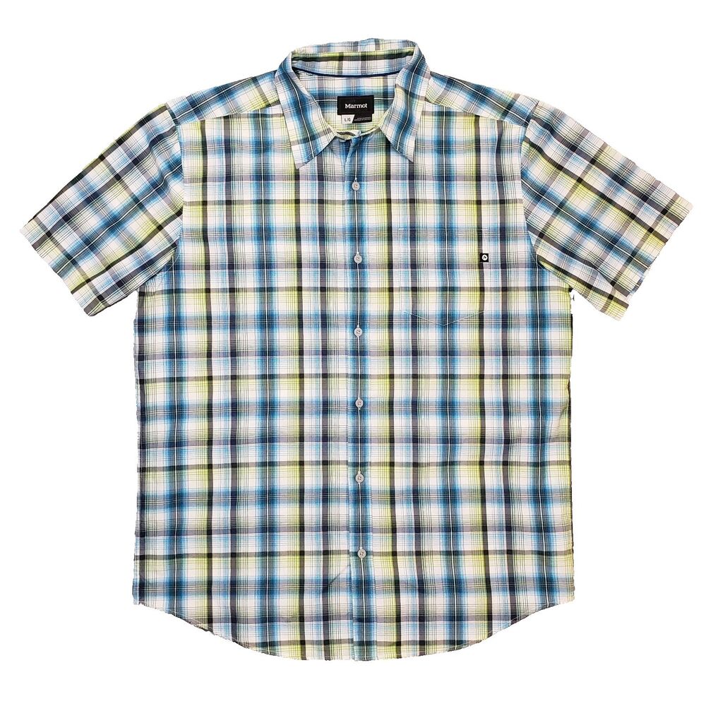 Marmot Hiking Shirt Mens‎ Large Blue Green White Plaid Gorpcore Camp Fishing